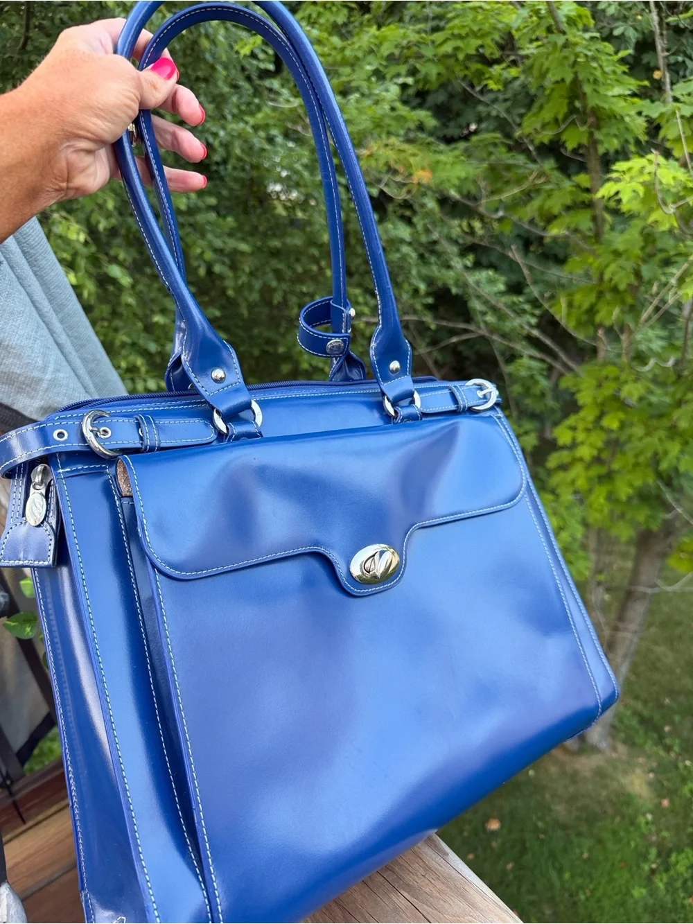 Mcklein Winnetka Briefcase navy blue leather travel silver hardware elegant